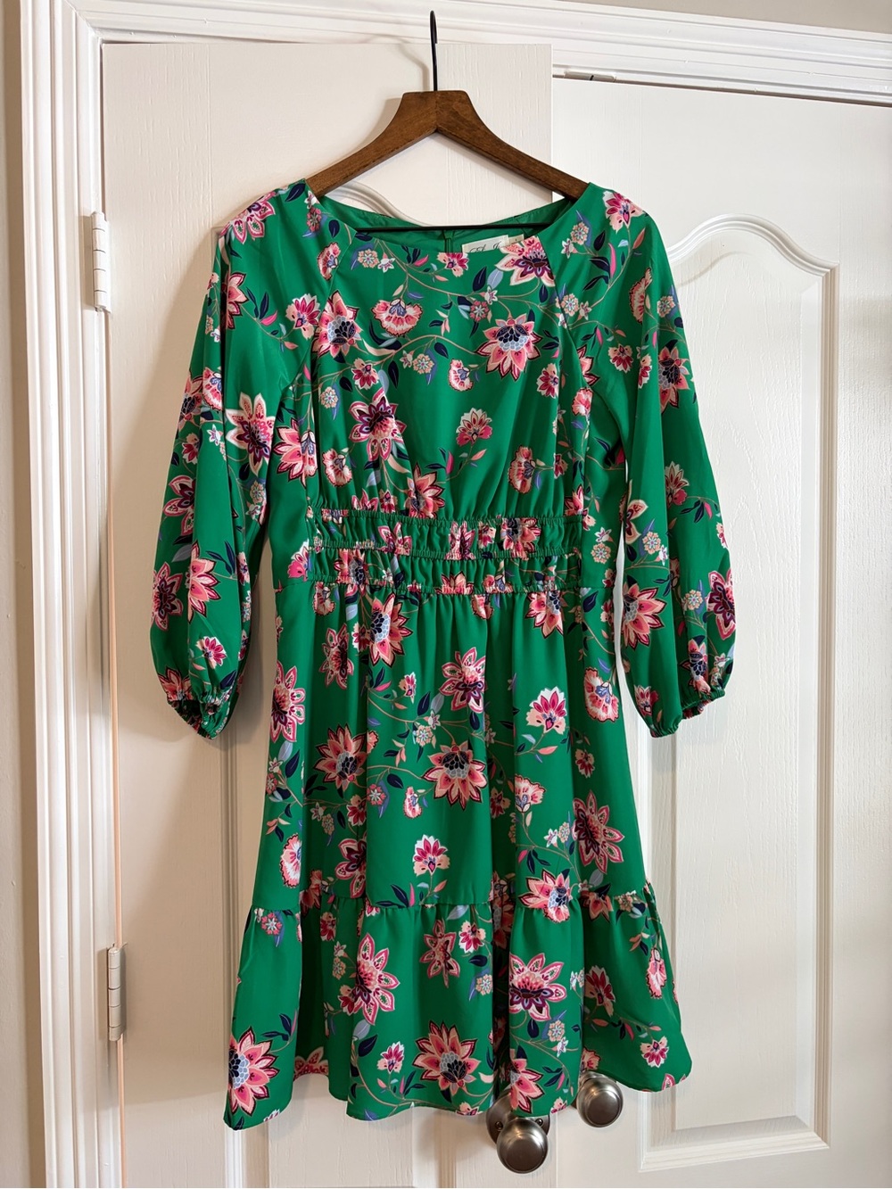 Eliza J Green Floral Long-Sleeve Smocked Dress